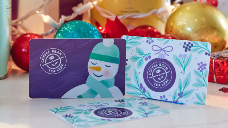 Snowman and holiday gift cards from The Coffee Bean & tea Leaf