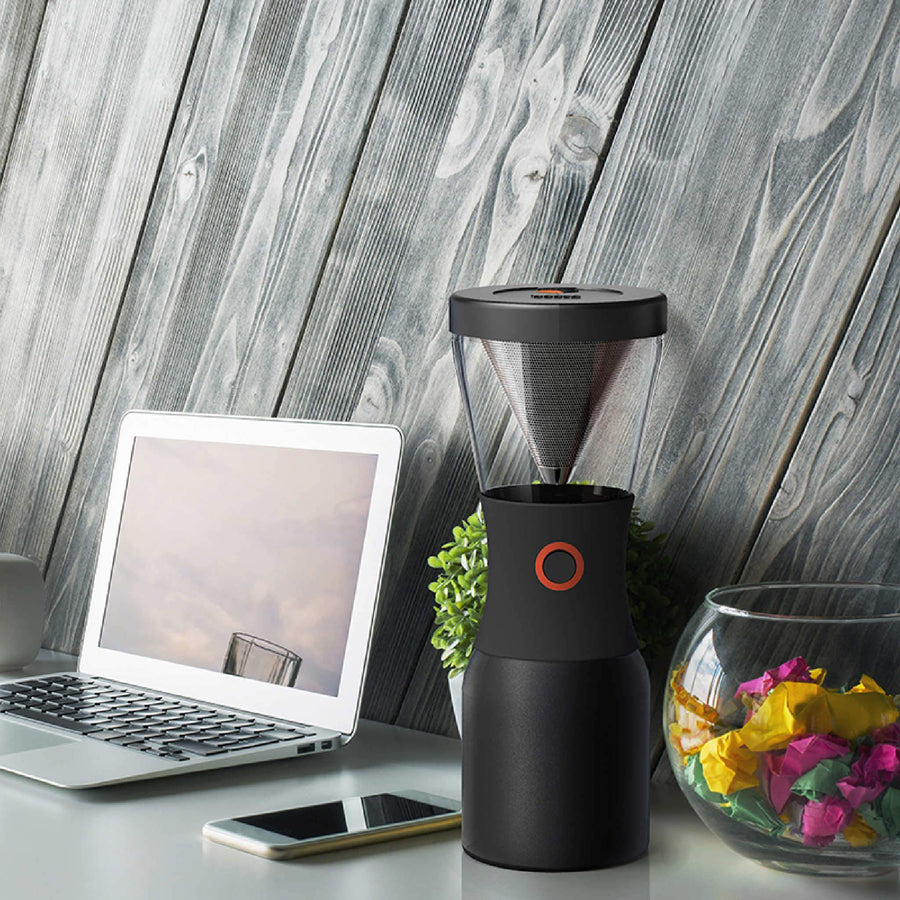 portable cold brew Asobu coffee maker with carafe on desk 