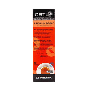 CBTL Premium Decaf Espresso Capsules Single Serve Pod from The Coffee Bean & Tea Leaf 10ct Box - back