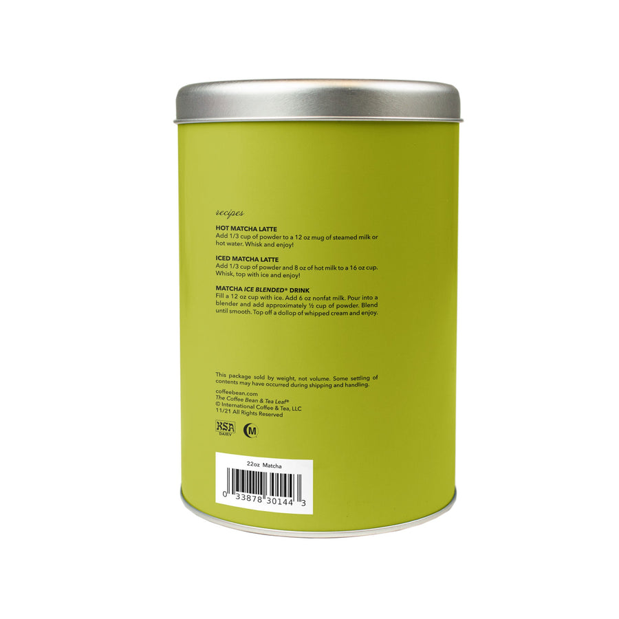 Sweetened Matcha Green Tea Latte Powder Mix from The Coffee Bean & Tea Leaf Shizuoka 22oz tin - side